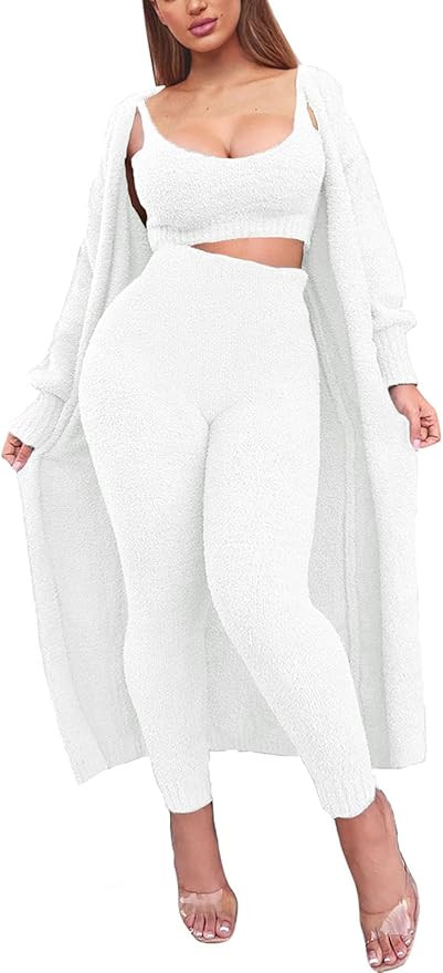 Fixmatti Women's Fuzzy 3 Piece Sweatsuit Open Front Cardigan Crop Tank Tops Wide Legs Pants Loung... | Amazon (US)