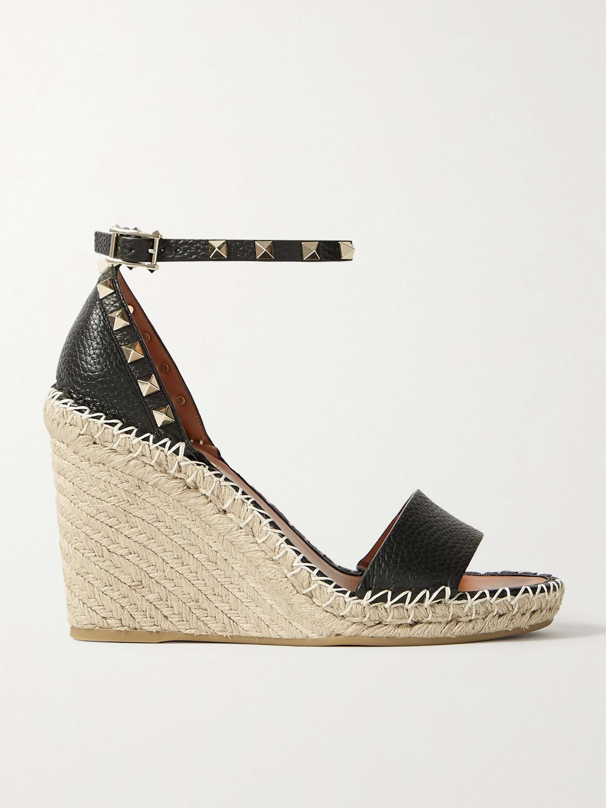 Black Valentino Garavani Rockstud 105 textured-leather espadrille wedge sandals | VALENTINO | NET... | NET-A-PORTER (US)