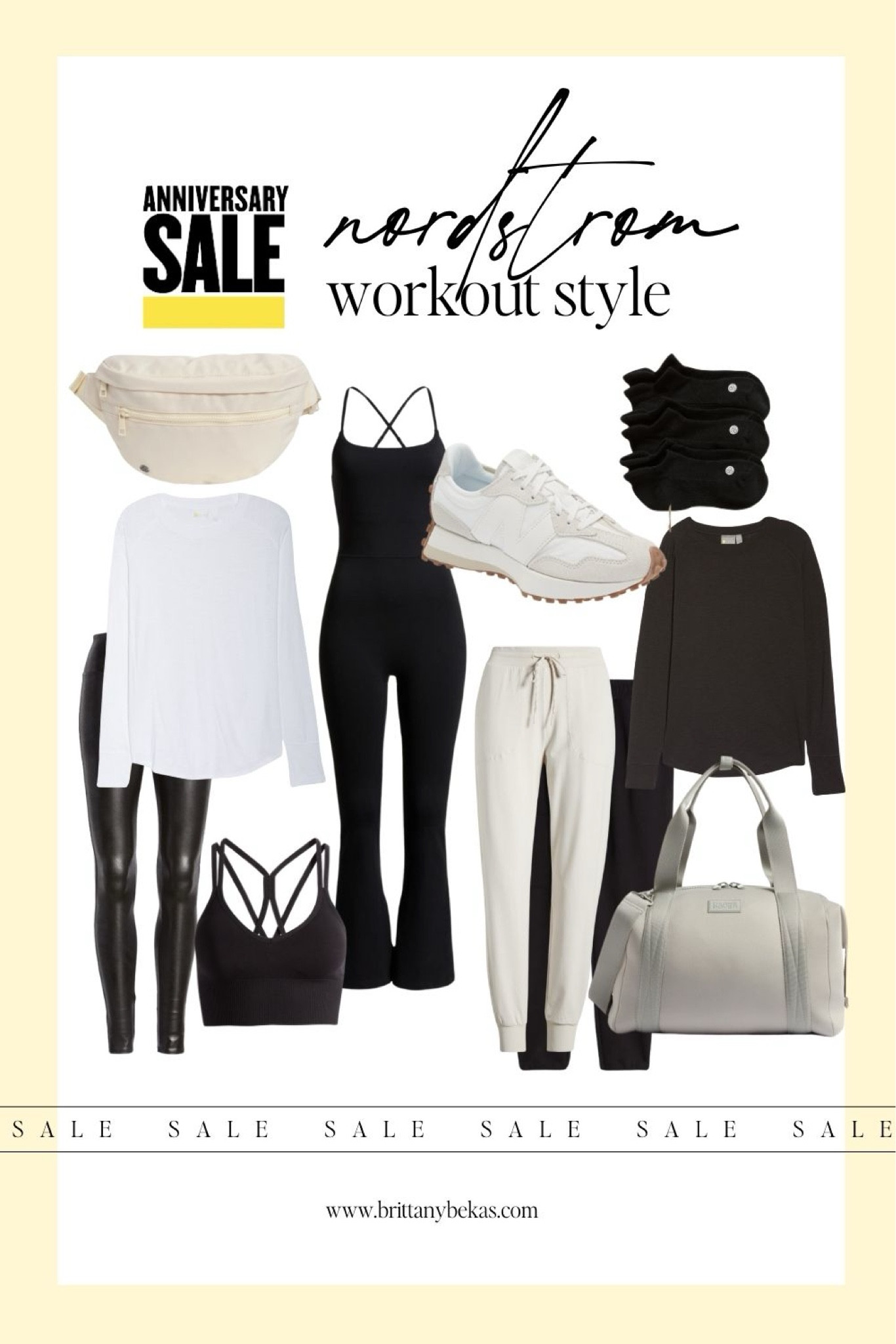 My favorites for workout outfits / athleisure from the Nordstrom anniversary sale including dagne dover gum bag, Zella tees, spanx leather leggings, Zella belt bag, New Balance sneakers, black sports bras, black body suit, joggers. 

NSale - Nordstrom anniversary sale 2024 - Zella - Spanx 