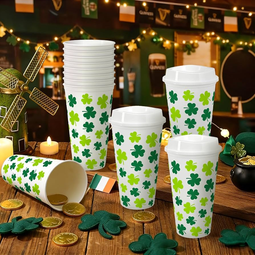 Whaline 12 Pack 16Oz St. Patrick' s Day Reusable Coffee Cups with Lids Plastic Tumbler Green Sham... | Amazon (US)