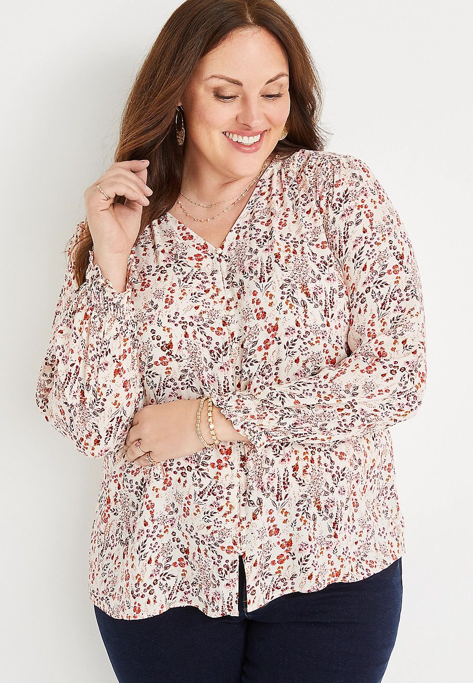 Plus Size White Floral Button Front Smocked Blouse | Maurices