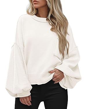 BTFBM Women Oversized Sweater Fall Lantern Long Sleeve Crewneck Winter Outfits Casual Ribbed Knit... | Amazon (US)