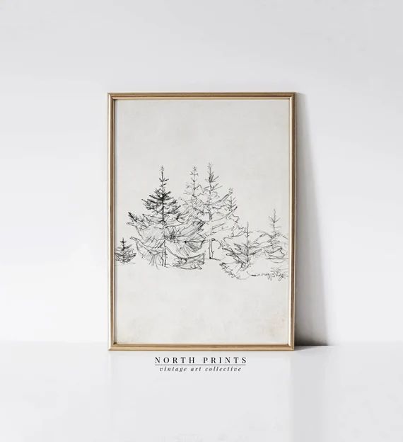 Simple Rustic Winter Sketch Art | Pine Christmas Tree Drawing Neutral | PRINTABLE Wall Art | Digi... | Etsy (US)