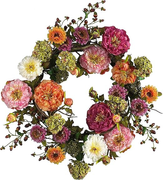 Nearly Natural 24in Artificial Peony Wreath Faux Floral Door Wreath for Indoor Home Entryway Wall... | Amazon (US)