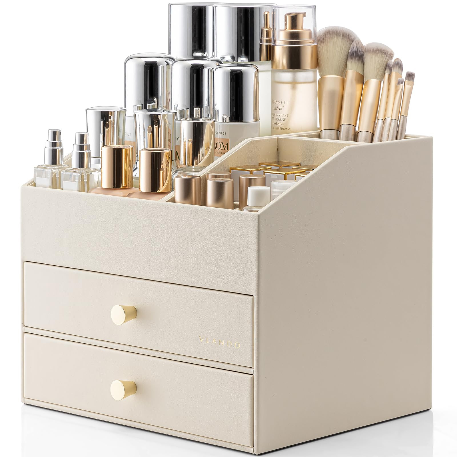 Vlando Makeup Organizer for Vanity,Large Capacity Countertop Organizer with Drawers, PU Leather C... | Amazon (US)