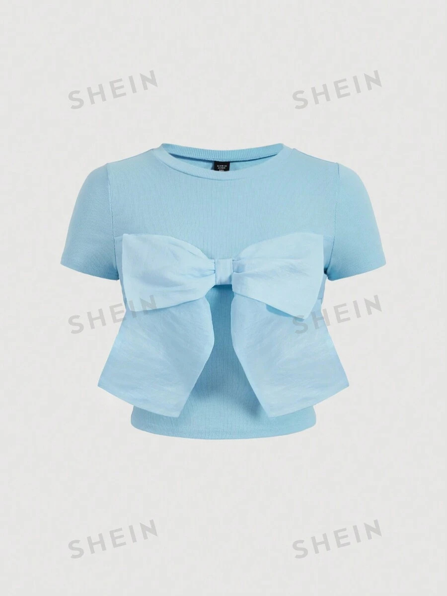 SHEIN MOD Purple Organza Ribbon Knit Elastic Short Sleeve T-Shirt, Summer | SHEIN