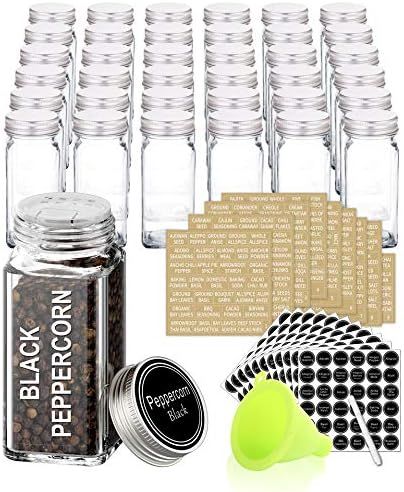 SWOMMOLY 36 Glass Spice Jars with 703 Spice Labels, Chalk Marker and Funnel Complete Set. 36 Squa... | Amazon (US)