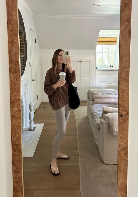 These sandals even make leggings on a Sunday morning feel chic.. 

My sweatshirt is an oldie but goodie — my favorite lightweight style from The Great (in Hickory) but they have so many good colors. 