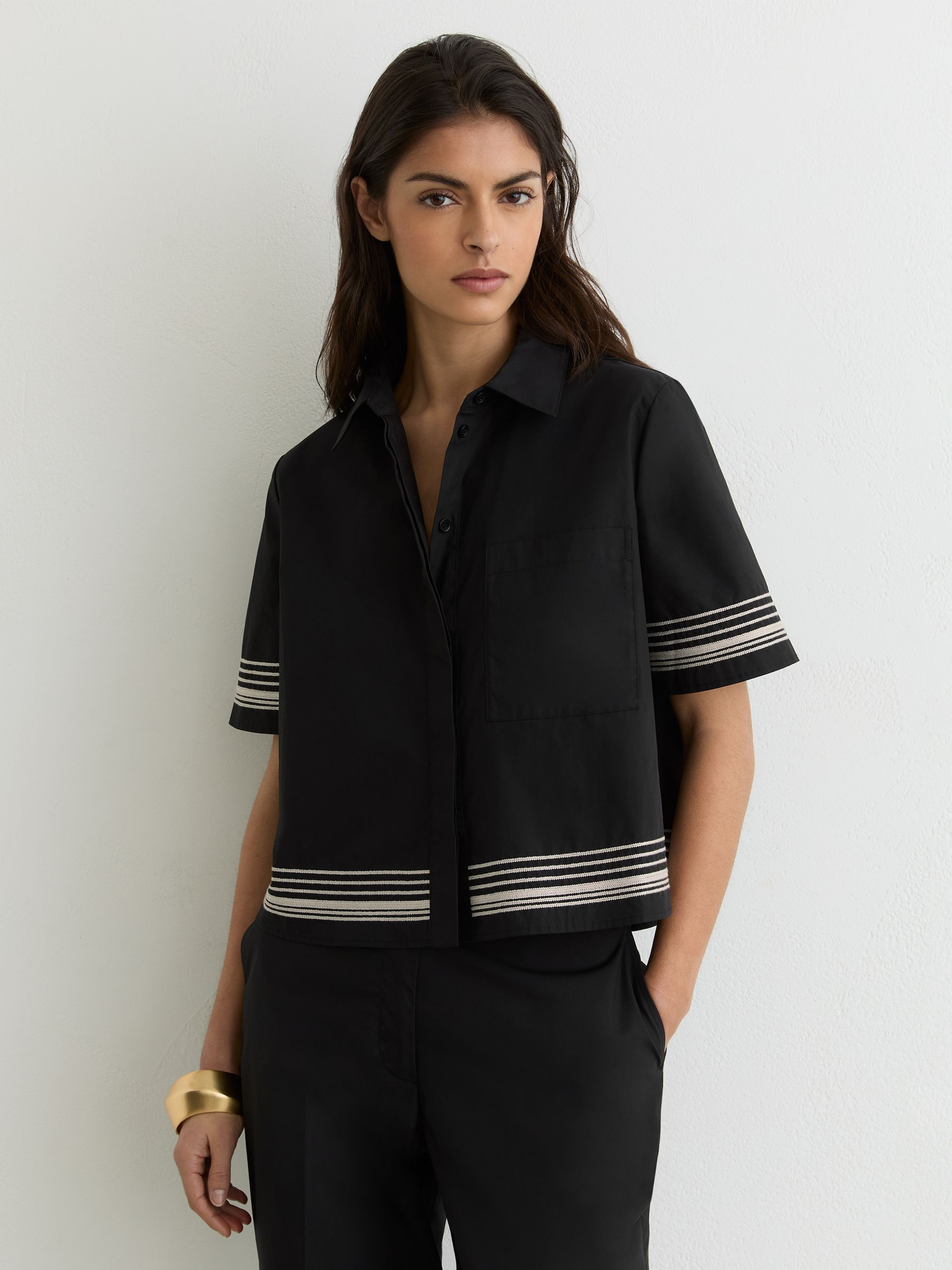 Reiss Cotton Stripe-Detail Boxy Shirt in Black/Ivory - REISS | Reiss UK