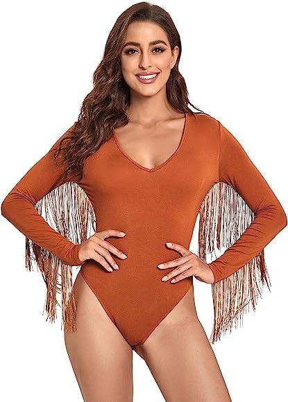 Verdusa Women's Fringe Trim V Neck Long Sleeve Bodysuit Top | Amazon (US)