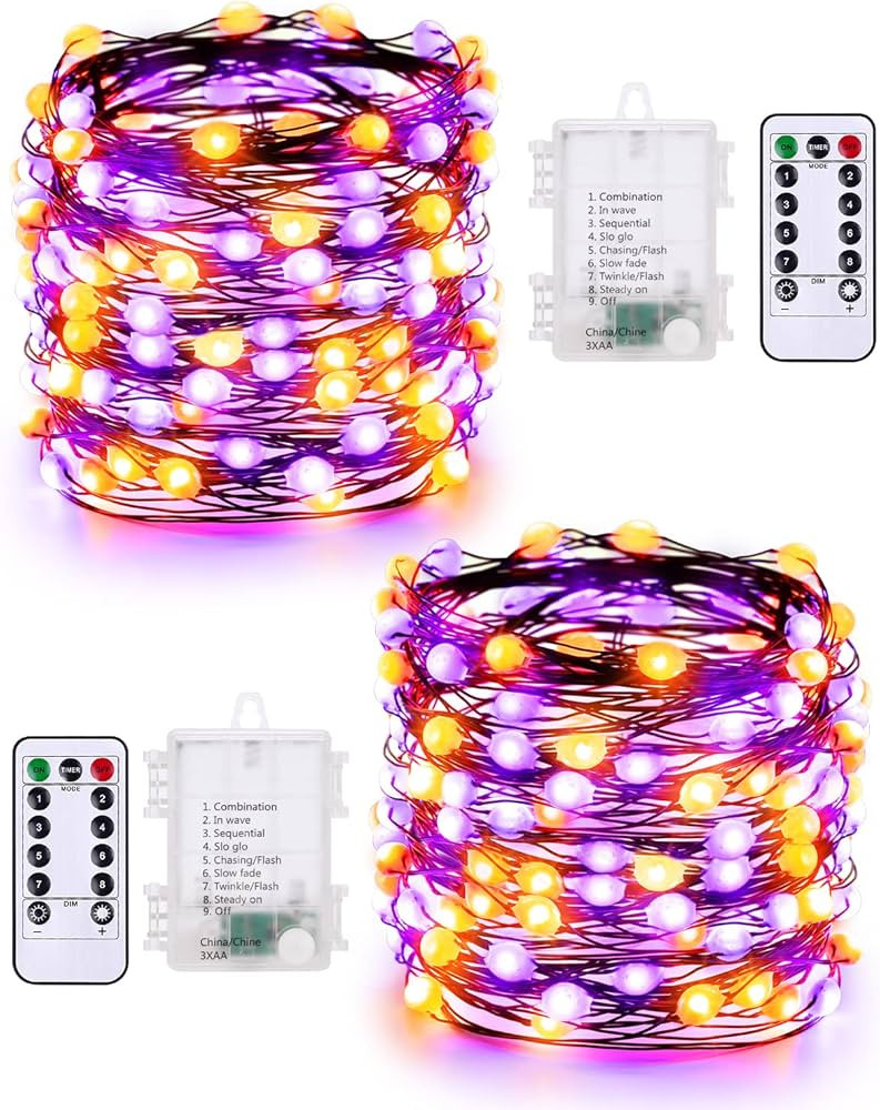 Orange Purple Halloween Lights, 2 Pack 16.4ft 50 LED Orange Fairy Lights String, 8 Modes Battery ... | Amazon (US)