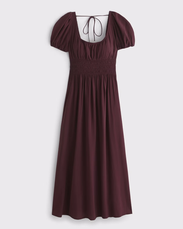 Women's Puff Sleeve Smocked Waist Midi Dress | Women's Dresses & Jumpsuits | Abercrombie.com | Abercrombie & Fitch (US)