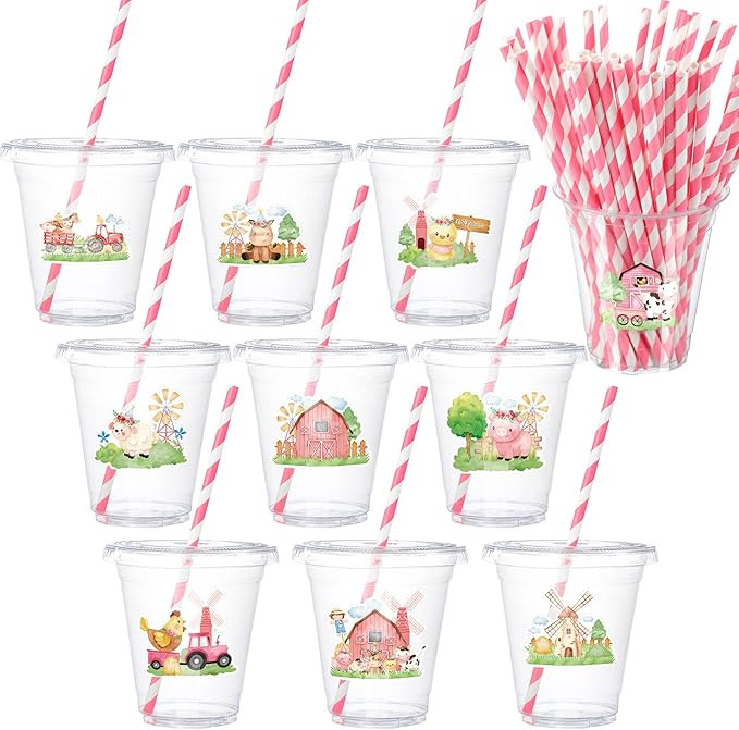 Yinder 50 Sets Pink Farm Animals Themed Party Plastic Cups with Lids 12 oz Disposable Clear Cups ... | Amazon (US)