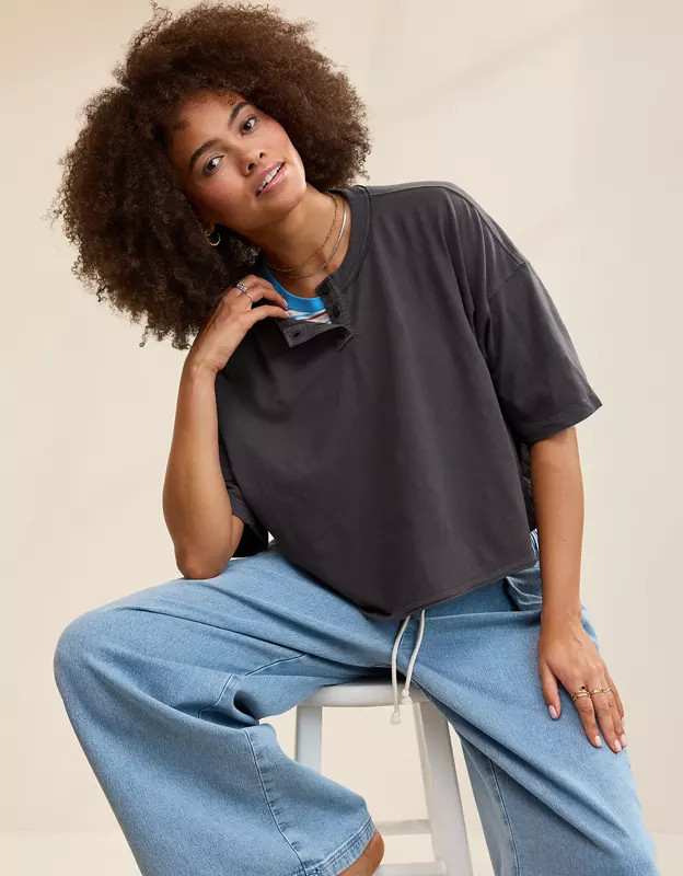 Aerie Remix Henley Cropped T-Shirt | Aerie