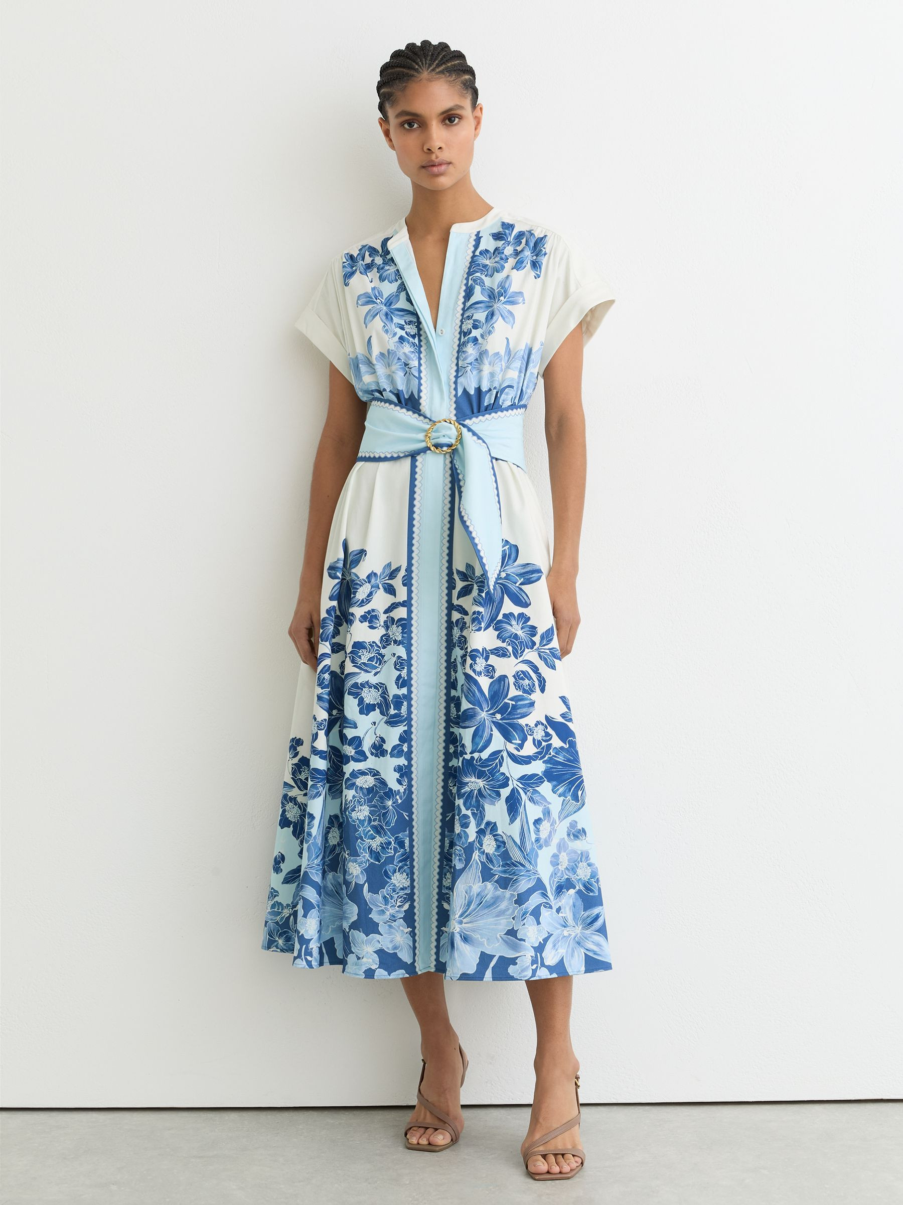 Reiss Cotton Floral Belted Midi Dress with Stretch in Blue/Ivory - REISS | Reiss UK