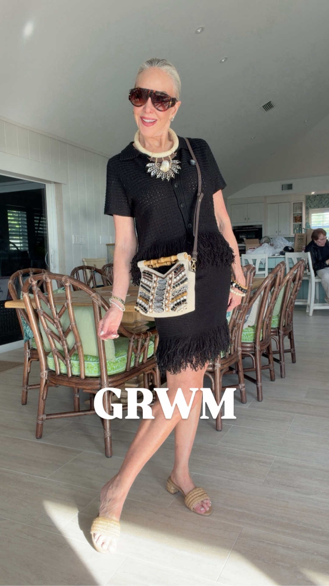 2 Piece Outfits Crochet Short Sleeve Button Knit Sweater Tops and Fringe Skirt Vacation Sets, 6 colors to choose from. Runs TTS I am 5’7” and I wear. Size small
Separate the pieces and style over and over.
Statement necklace by Romi The Brand. 
Raffia slides on sale- so cute and comfy

#LTKOver40 #LTKTravel #LTKgrwm