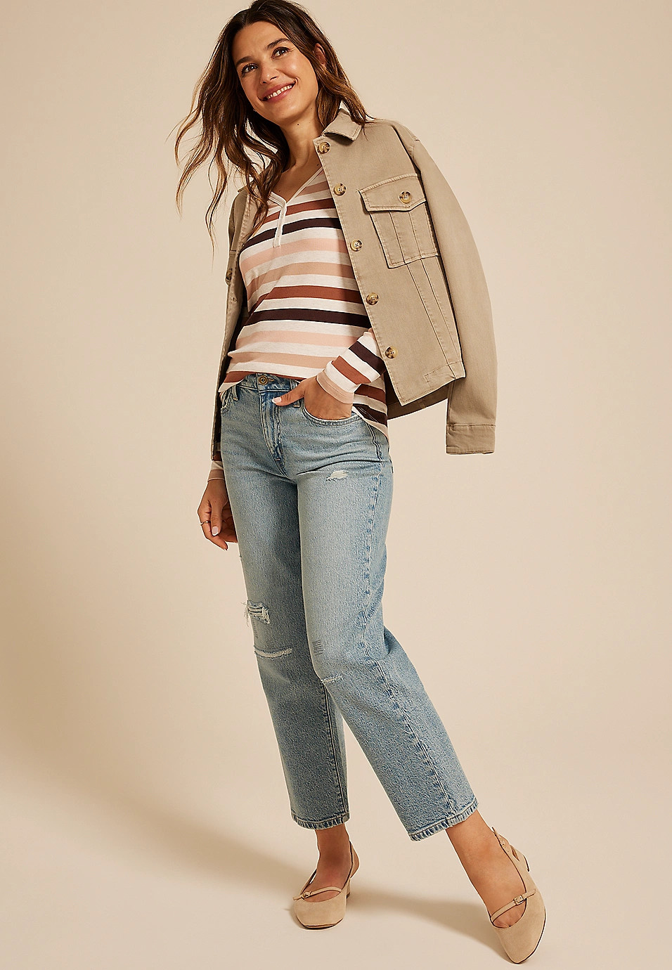 Heartland Striped Henley Long Sleeve Tee | Maurices