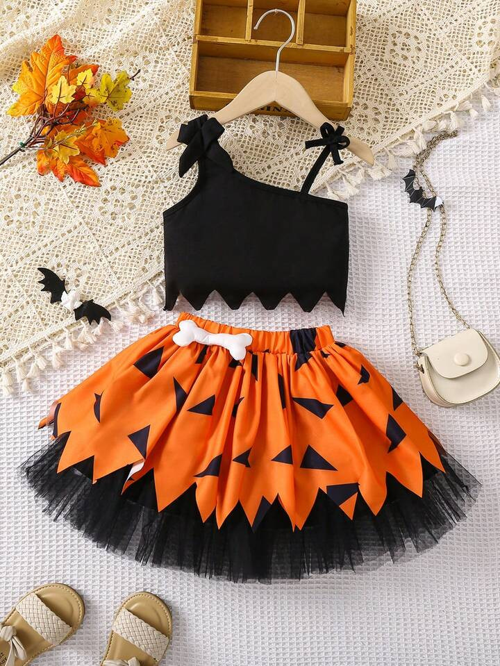 Young Girl Asymmetrical Neck Bow Detail Top & Geo Print Mesh Overlay Skirt | SHEIN