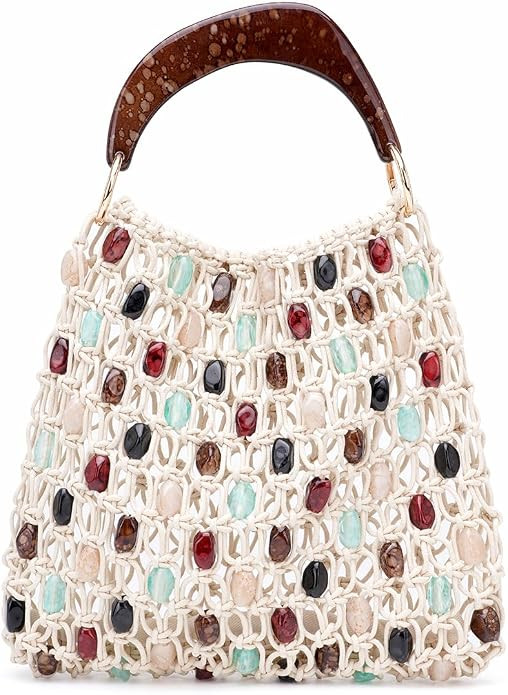 Boho Crochet Shoulder Bag for Women, Colorful Beaded Beach Tote Handbag Lightweight Summer Knit H... | Amazon (US)