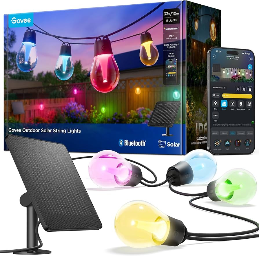 Govee Outdoor Solar String Lights 33ft, RGBICW Outdoor Lights with 8 Dimmable LED Shatterproof Bu... | Amazon (US)