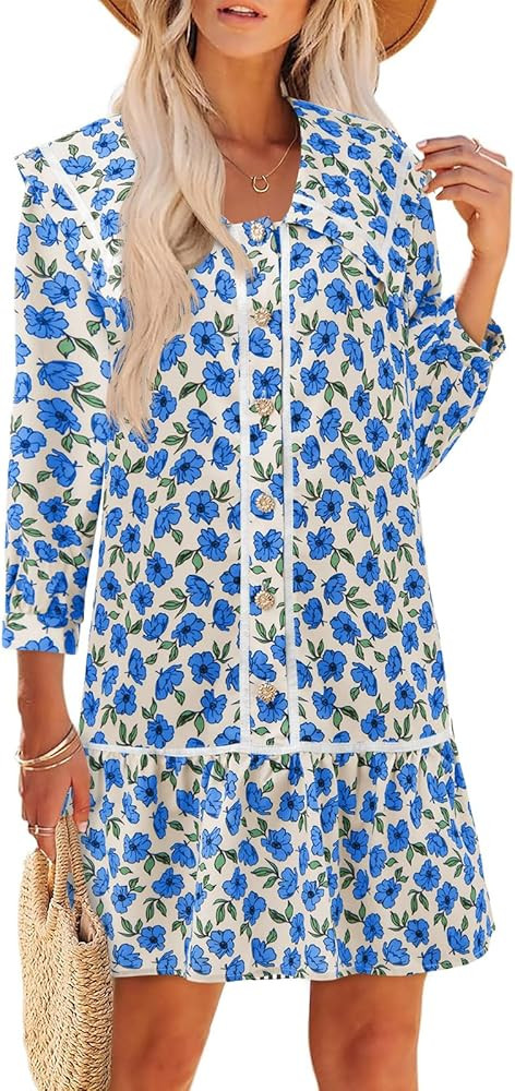 Wenrine Womens Casual Shirt Dresses 3/4 Long Sleeve Floral Button Down Flowy Babydoll Fall Mini D... | Amazon (US)