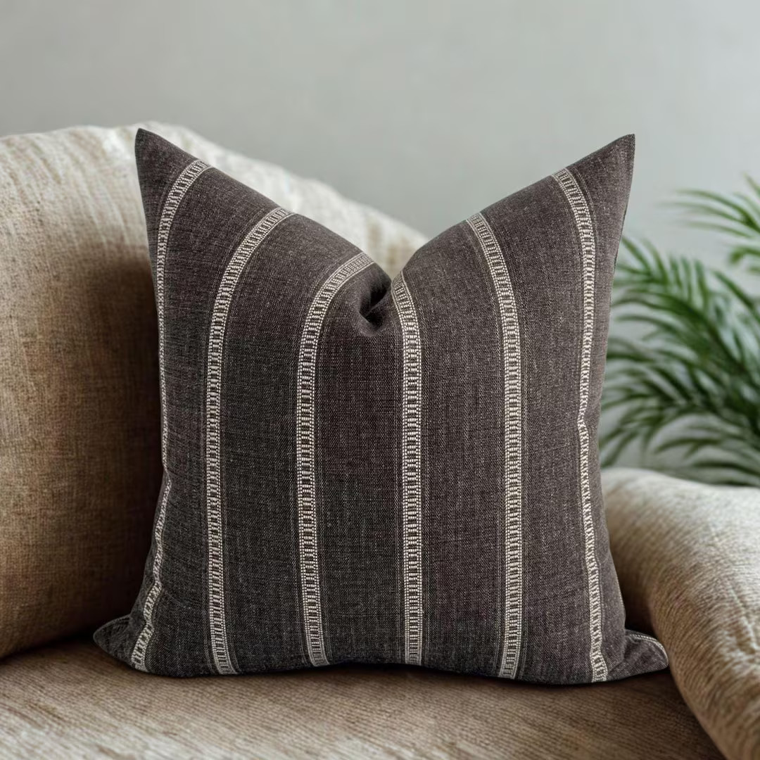 Dark Brown Stripe Pillow Cover Neutral Organic Modern Accent Cushion Earthy Minimalist Throw Pill... | Etsy (US)