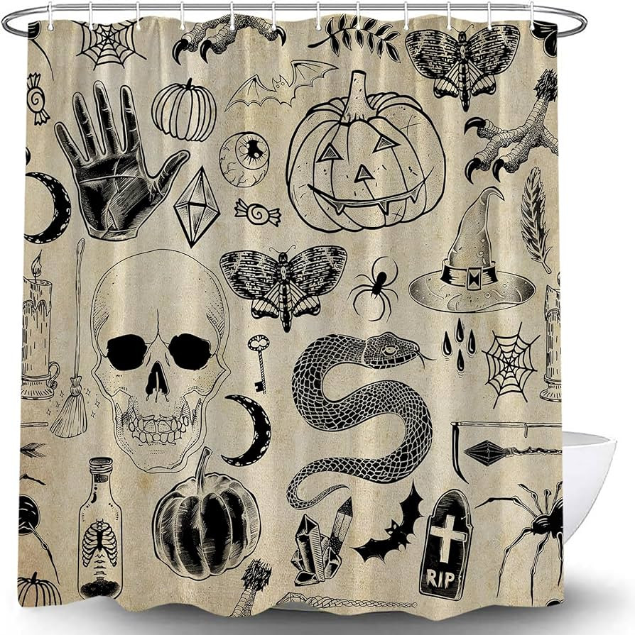 Spooky Halloween Shower Curtain Vintage Alchemy Palmistry Magic World Witch Hat Pumpkin Witchcraf... | Amazon (US)