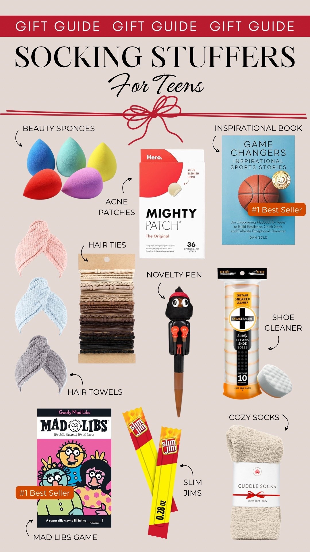Stocking stuffers for teens include beauty sponges, pimple patches, an inspirational book, hair towels, hair ties, a novelty pen, shoe cleaner, Mad Libs, Slim Jims and cozy socks.

Teen gift ideas, gifts for her, gifts for him, stocking stuffers

#LTKHoliday #LTKFindsUnder50 #LTKGiftGuide
