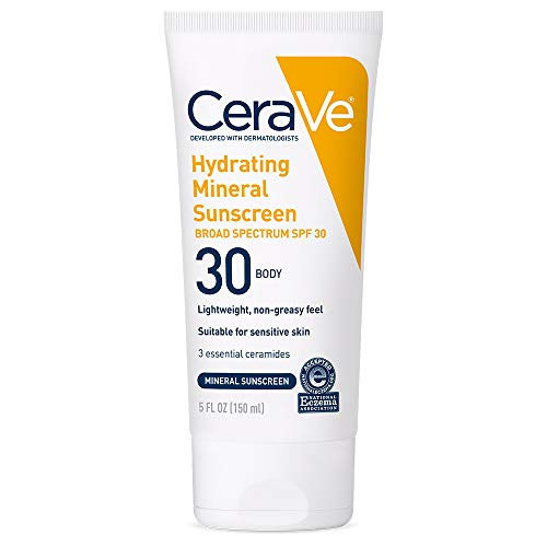 CeraVe 100% Mineral Sunscreen SPF 30 with Zinc Oxide & Titanium Dioxide, Hyaluronic Acid & Ceramides, Oil Free, Non-Greasy, Hydrating Mineral Sunscreen For Body, 5 oz | Amazon (US)
