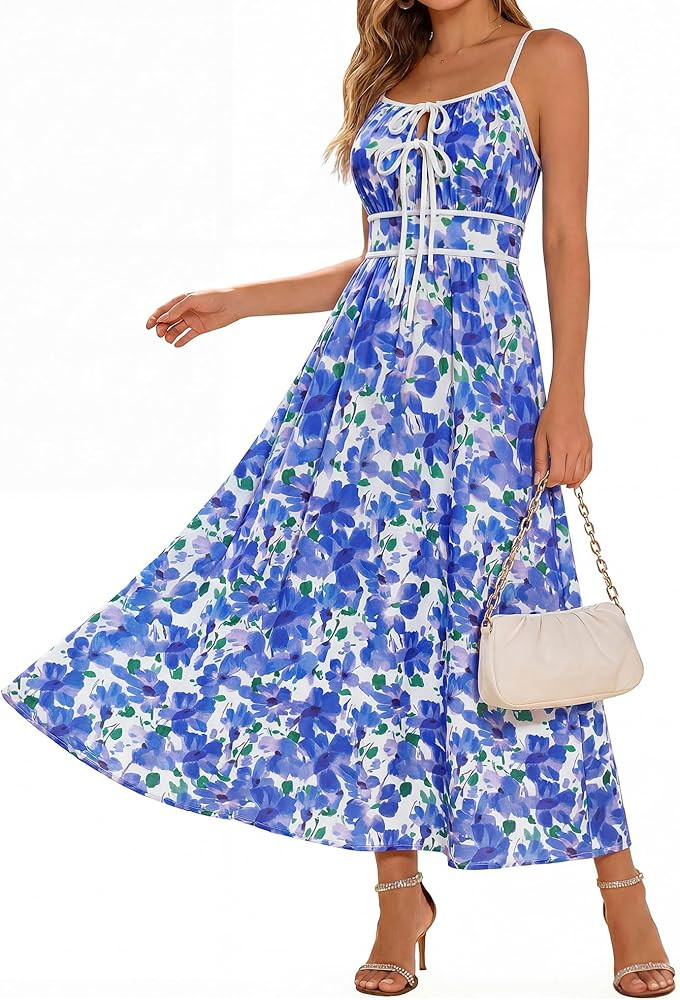 GRACE KARIN 2026 Women's Summer Maxi Floral Dress, Spaghetti Strap Tie Front Boho Sundress with P... | Amazon (US)