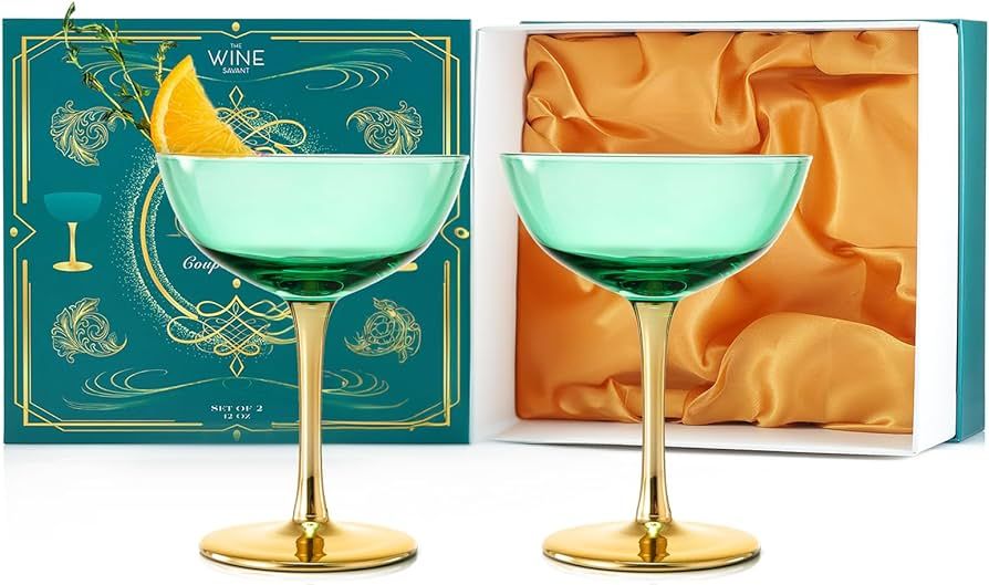 Colored Coupe Art Deco Glasses, Gold | Set of 2 | 12 oz Classic Cocktail Glassware for Champagne,... | Amazon (US)