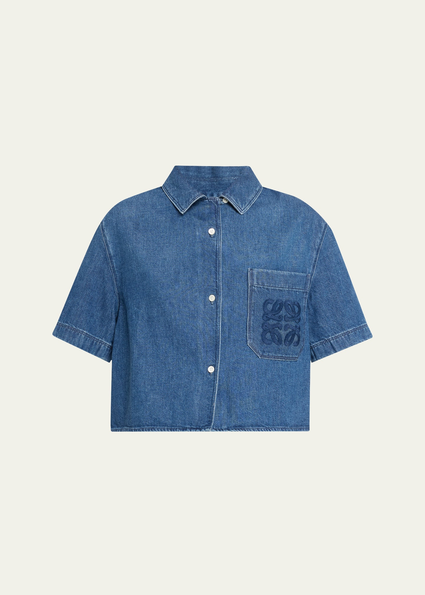 Loewe Anagram Pocket Short-Sleeve Crop Denim Shirt | Bergdorf Goodman