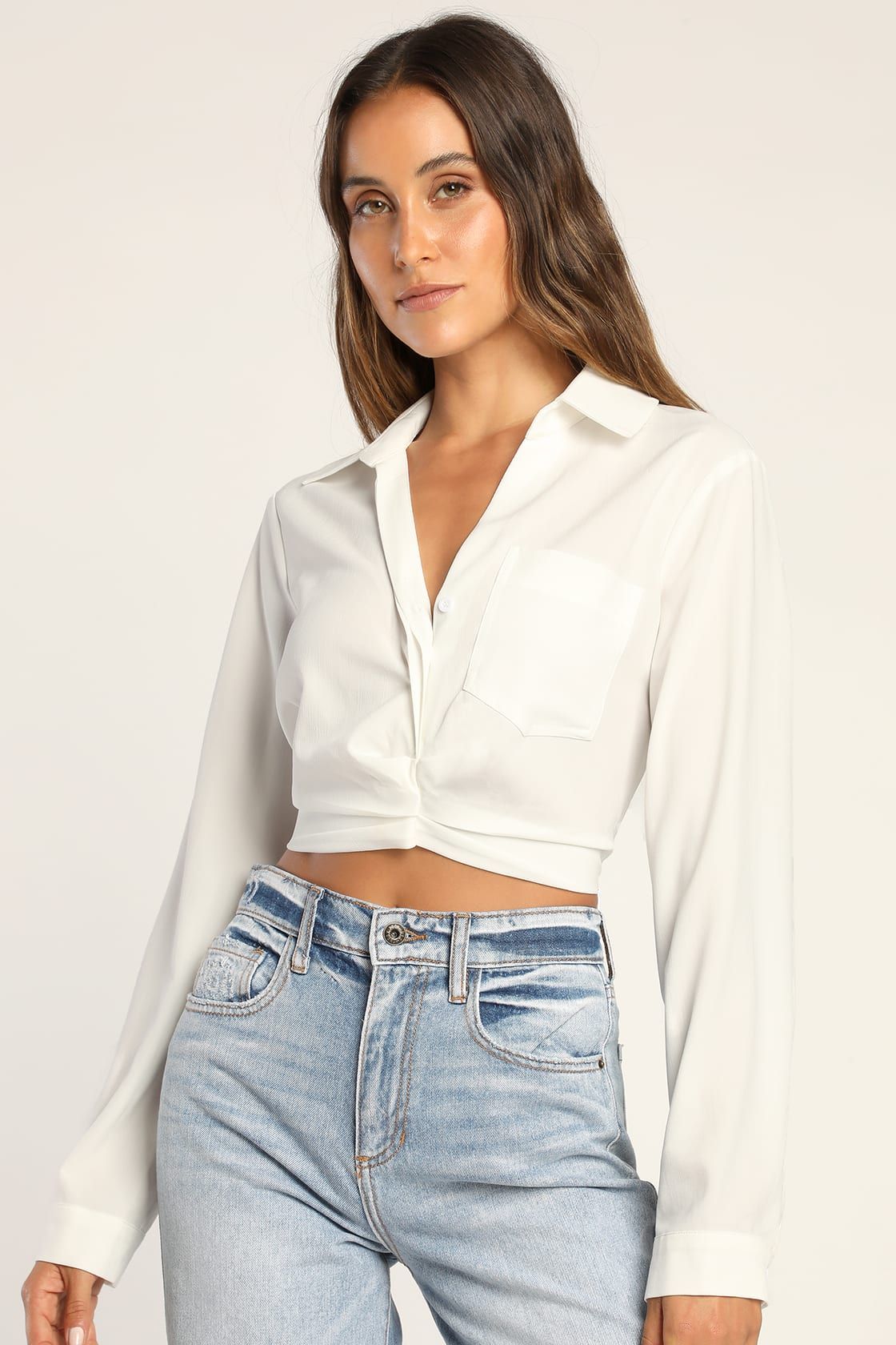 Chic Reasons White Collared Ruched Long Sleeve Top | Lulus (US)
