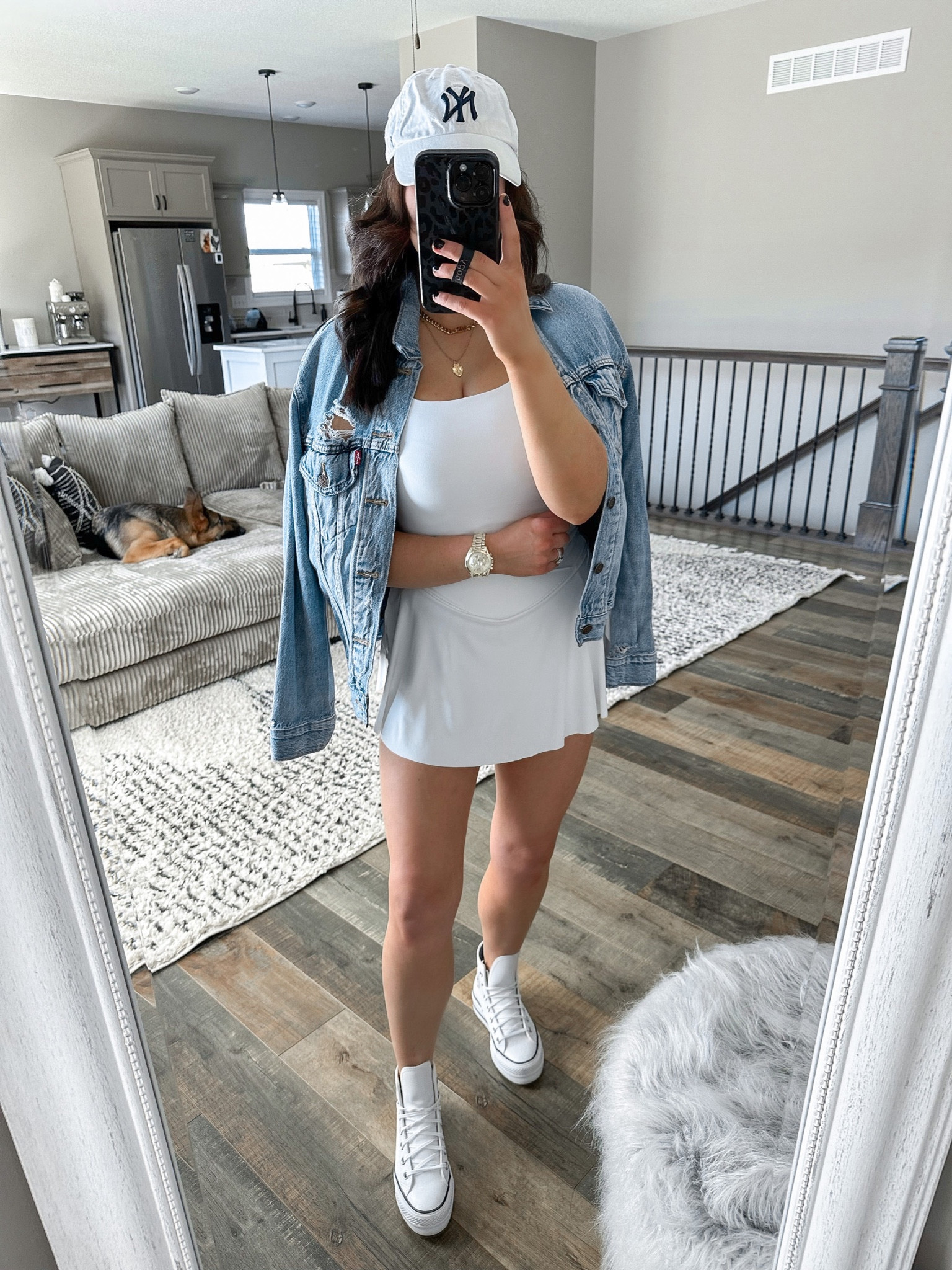 Skirt — xs
Bodysuit — xs
Denim Jacket — small

Tennis skirt outfit | platform white leather converse sneakers | white mini skirt outfit | errands outfit | summer outfit | preppy outfit ideas | spring fashion | oversized denim jacket outfit 



#LTKunder50 #LTKshoecrush #LTKstyletip