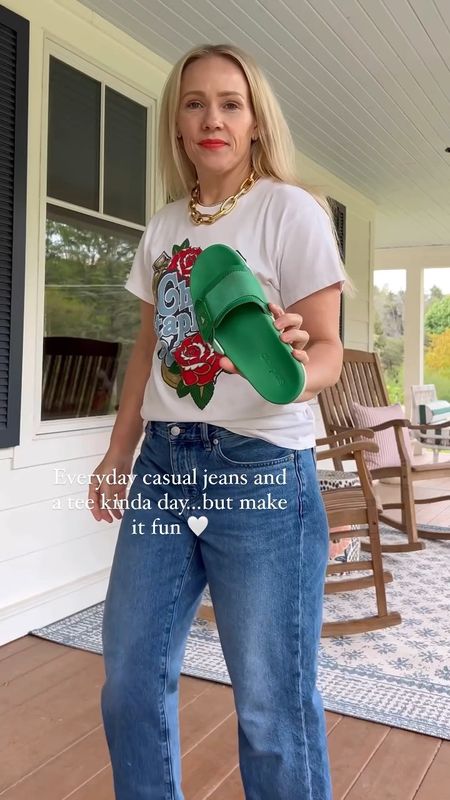 Everyday jeans and a tee but make it fun with a bold lip, baggy jeans, graphic tee, j.crew chunky gold necklace, a colored slide sandal, and patterned Clare v bag.

See more everyday casual outfits on CLAIRELATELY.com 

#LTKFindsUnder100 #LTKVideo #LTKStyleTip