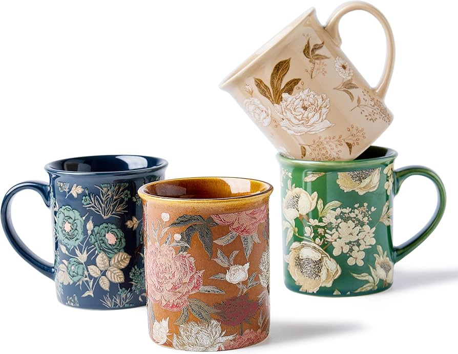 Coffee Mugs Set of 4, 12oz Ceramic Tea Cups with Floral Design, Microwavable, Dishwasher Safe, Gi... | Amazon (US)