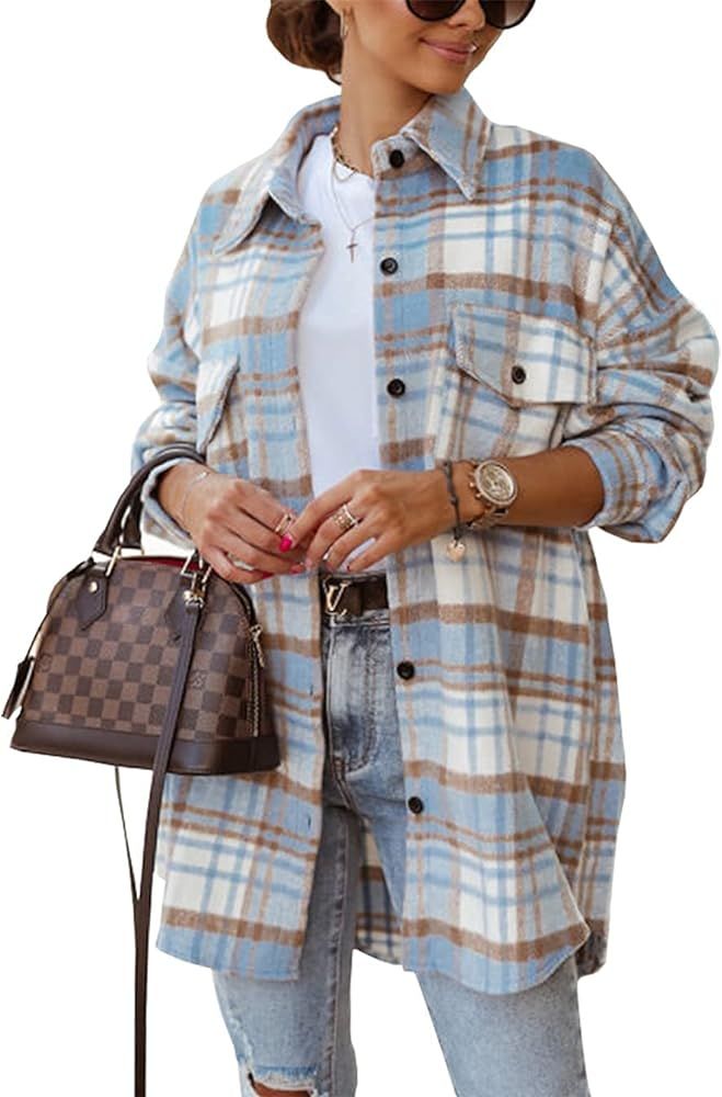 KIRUNDO Women's Flannel Plaid Shirts Jacket Shacket Coats Casual Boyfriend Button Down Shirts Long S | Amazon (US)