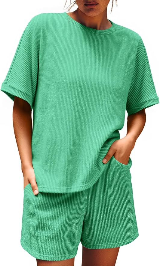 Imily Bela Womens 2 Piece Outfits 2025 Oversized Summer Short Sets Casual Beach Ribbed Short Slee... | Amazon (US)