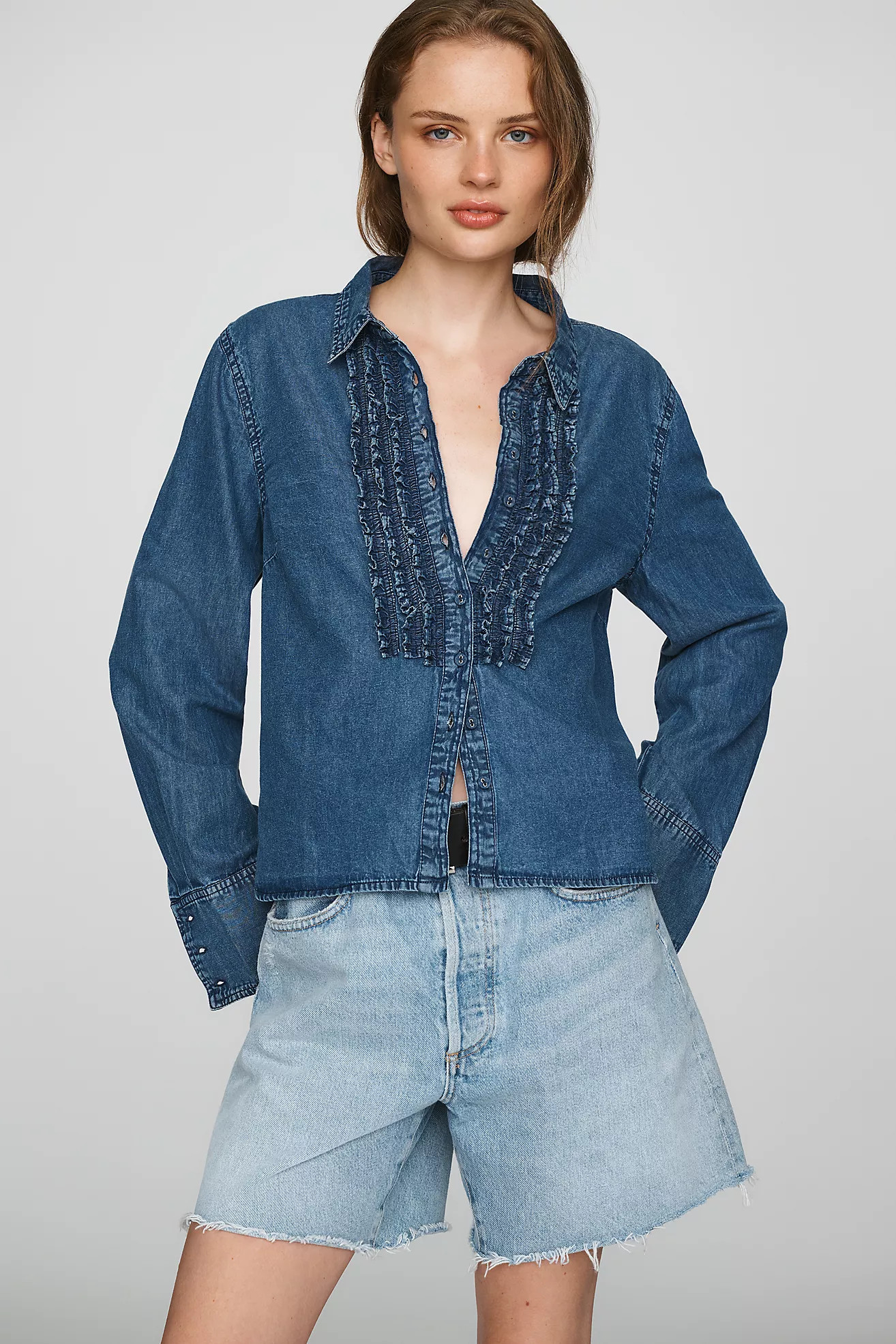 Pilcro 100% Cotton Denim Ruffled Buttondown Shirt | Anthropologie (US)