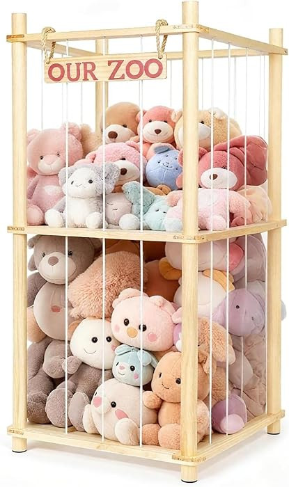 Stuffed Animal Storage - Tall Natural Pine Wood Stuffed Animal Zoo Storage with Elastic Cords, Sp... | Amazon (US)