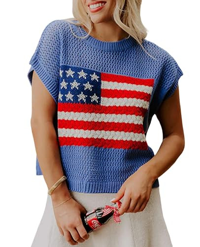 SELINK Womens Summer Crochet Tops Hollow Out Cap Sleeve American Flag Crew Neck Graphic Pullover Sweater Sky Blue-XL | Amazon (US)