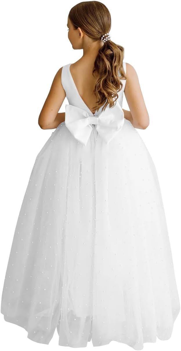 MCieloLuna Elegant Flower Girls Satin Tulle Princess Pageant Dress for Wedding Pearls Prom Ball G... | Amazon (US)
