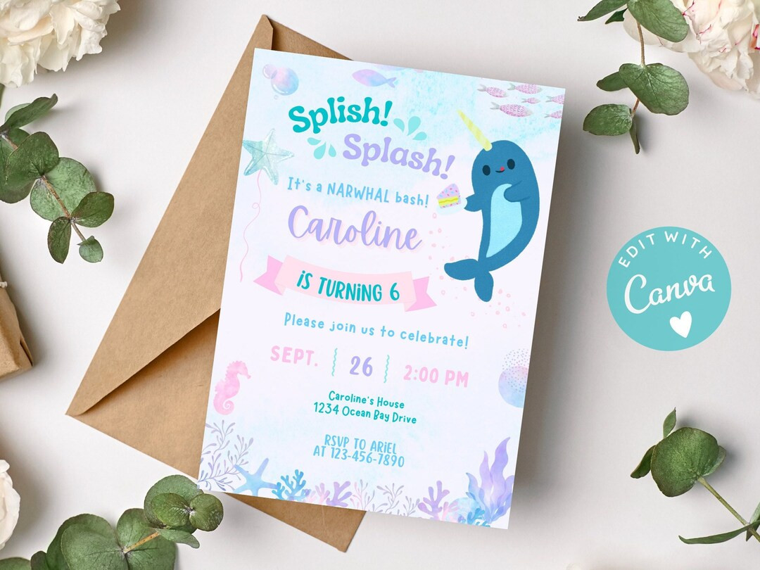 Narwhal Birthday Invitation, Narwhal Birthday Invite, Narwhal Editable Invitation, Narwhal Printa... | Etsy (Global)