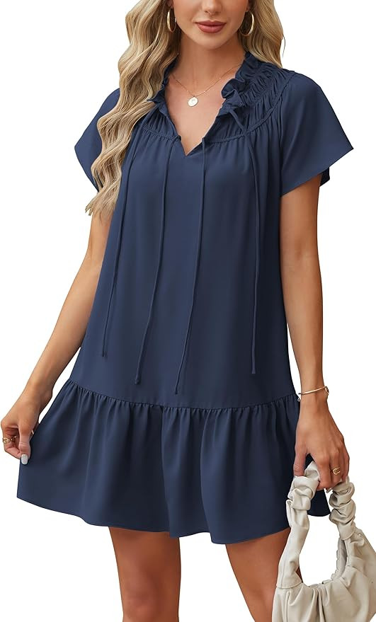 Angashion Womens Summer Mini Dress Short Sleeves V Neck Dresses Ruffle Casual Tie Sundress with P... | Amazon (US)