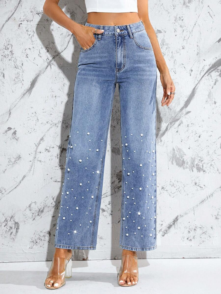 SHEIN Essnce Pearls Beaded Straight Leg Jeans | SHEIN