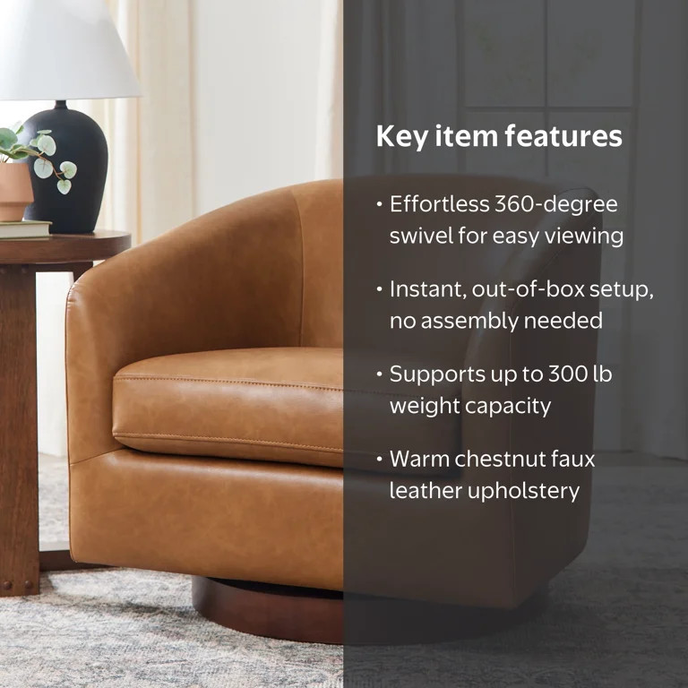 Better Homes & Gardens Bradford Swivel Accent Chair with Wooden Base, Chestnut Faux Leather | Walmart (US)