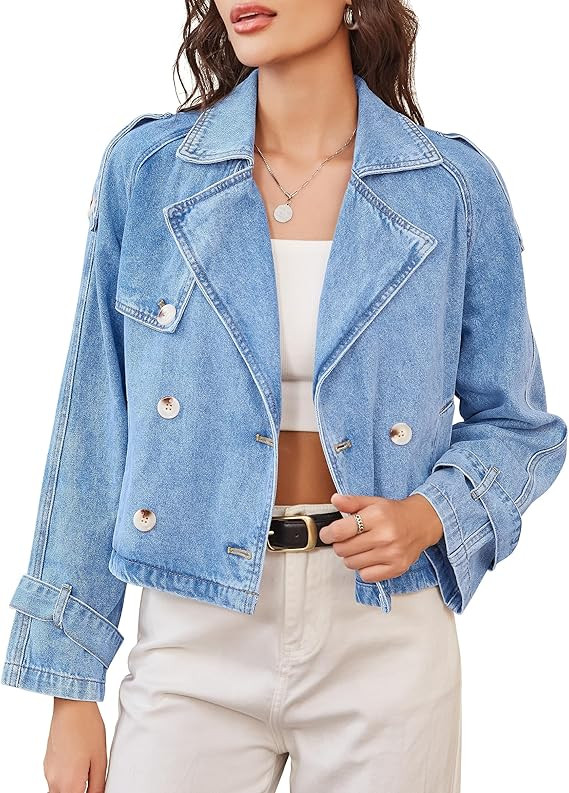 Denim Jacket for Women Cropped Trench Coat Double Breasted Lightweight Jean Jackets Casual Outerw... | Amazon (US)