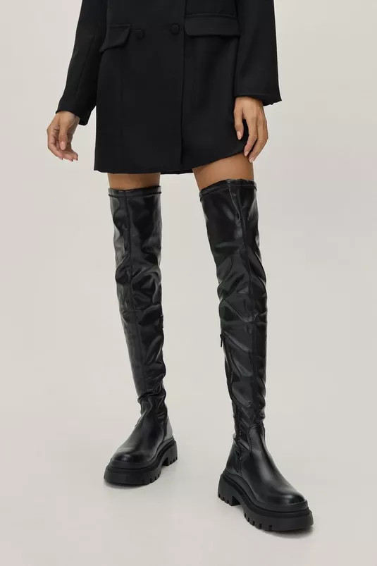 Faux Leather Cleated Thigh High Boots | Nasty Gal (US)