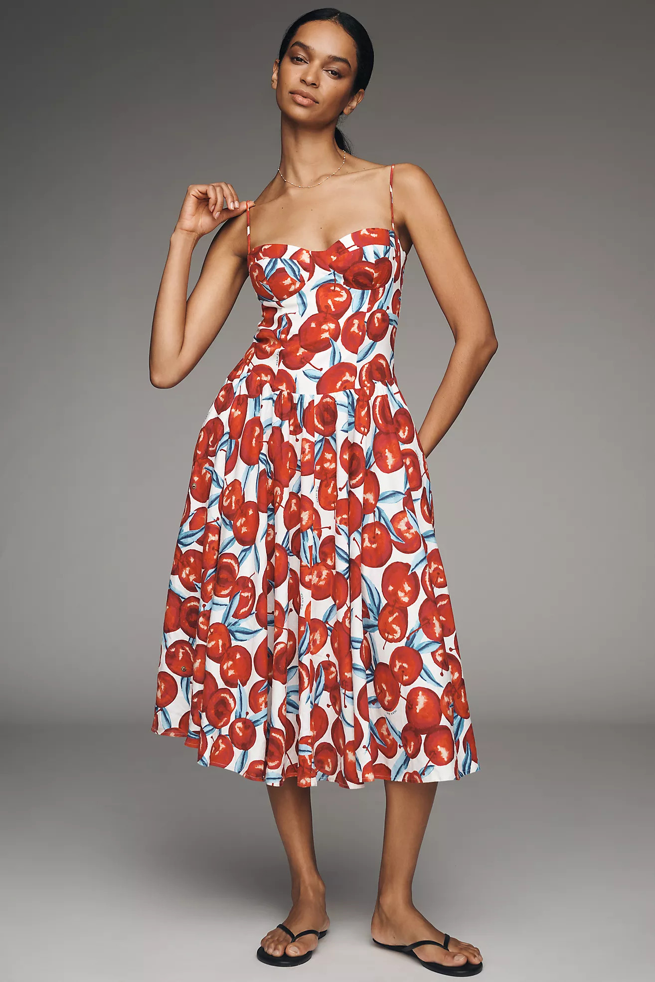 Farm Rio Cherry Blossom Sleeveless Sweetheart Midi Dress | Anthropologie (US)