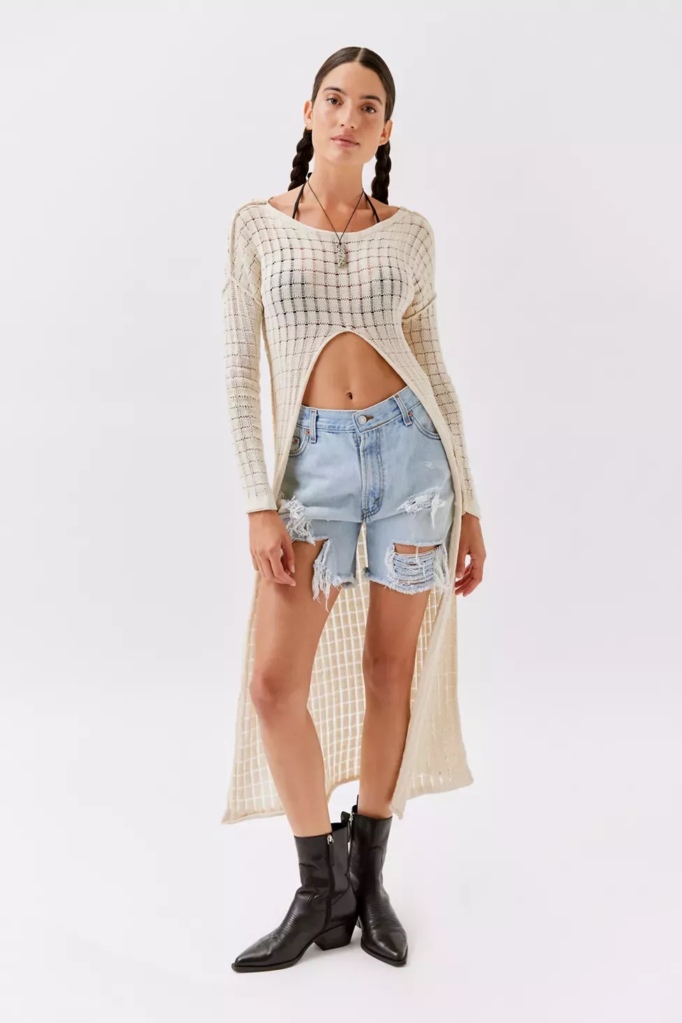 UO Lily Open-Knit Flyaway Crop Cardigan